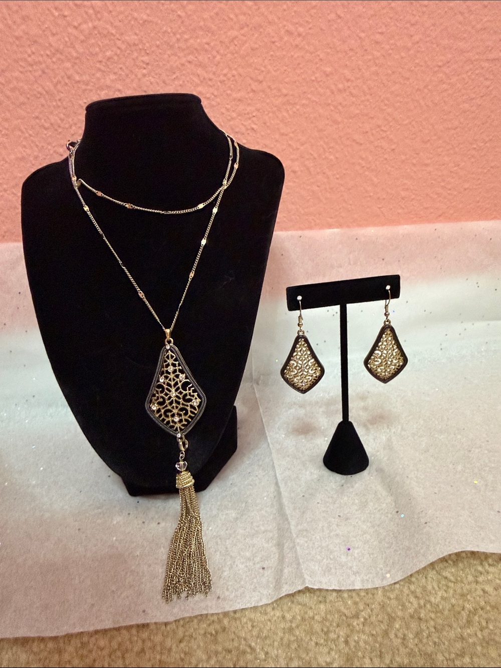 Park Lane Gold-Tone Filigree Pendant Necklace with Tassel and Matching Earrings